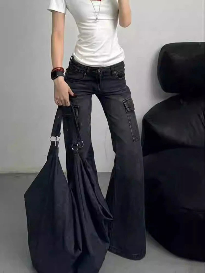 Streetwear Vintage Black Jeans Women American Y2K Slim High Waist Flare Denim Pants Female Casual Multiple Pockets Denim Trouser RT220