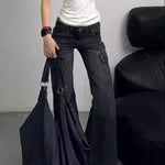 Streetwear Vintage Black Jeans Women American Y2K Slim High Waist Flare Denim Pants Female Casual Multiple Pockets Denim Trouser RT220