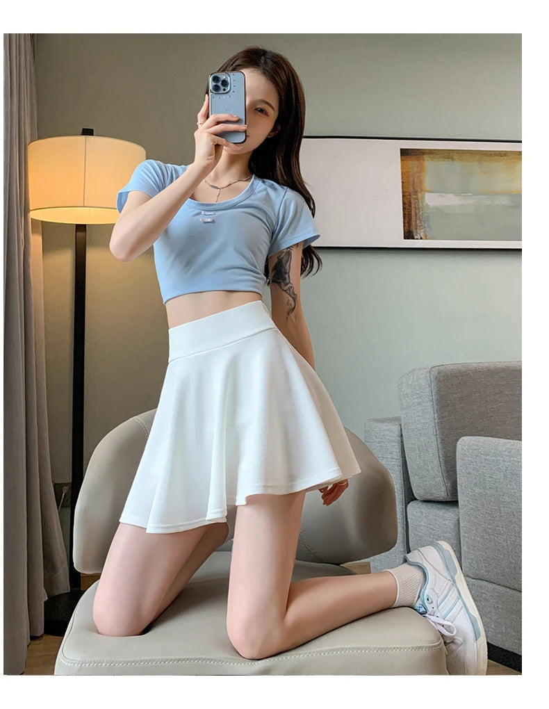 ITOOLIN Women Sweet Solid Color Preppy Skirts Casual Wide Leg High Waist Mini Skirts Women Harajuku Pleated A-line Skirts New RT220