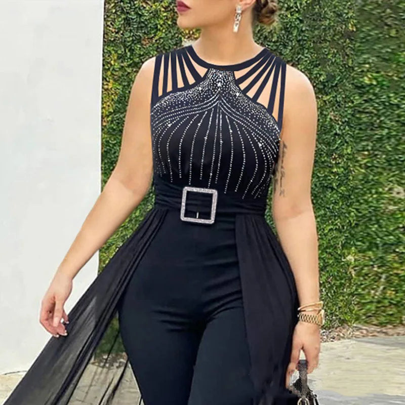 Summer Sleeveless Lace Up Women's Elegant Long Jumpsuit Fashion Hot Drill Waist Mesh Mop Slim Fit Female Party Jumpsuit 2025 RT220