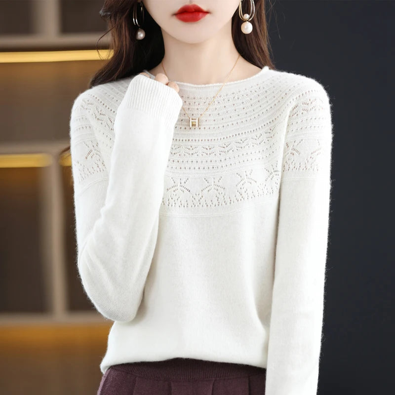 100% Merino Wool Knitted Sweater Autumn/Winter 2024 New Women's Round Neck Hollow Top 11 Color Pullover Versatile Coat NJR1107 RT220