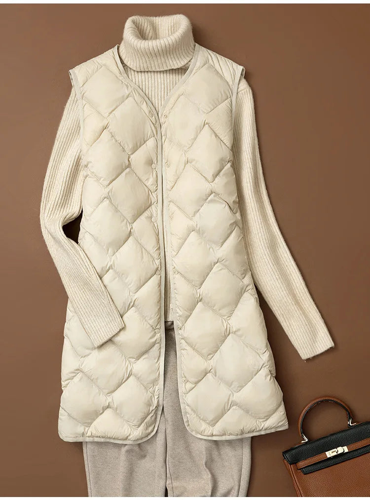 Women Sleeveless X-long Ultra Light Down Jackets 2024 New Arrivals Autumn Winter Korean Fashion V-neck Liner Vest Down Coats 3XL RT220