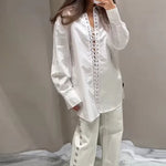 Fashion White Lapel Oversize Long Sleeve Shirts 2025 Spring New Weave Drawstring Blouse Lady Holiday Beach Street Chic Loose Top RT220