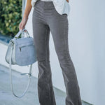 Women Summer Casual High Waist Flare Leg Pants - Solid Polyester Slim Fit Non-Stretch, Machine Washable RT220