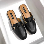 New Summer Fashion Metal Buckle Woman Shoes Half-drag Muller Shoes Women Wear Flat Slippers And Leather Toe-covered Sandals RT220