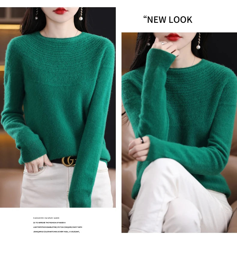 100% Merino Wool Knitted Sweater Autumn/Winter 2024 New Women's Round Neck Hollow Top 11 Color Pullover Versatile Coat NJR1107 RT220