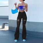 Women High Waist Black Flare Jeans Lady Bell Bottom Ripped Denim Pants Streetwear Distressed Classic Full Length Long Trouser RT220