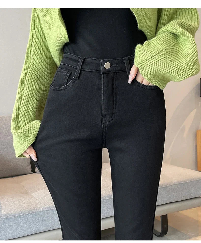 Skinny Women's Warm Jeans Winter Thicken Fleece Stretch High Waist Pencil Pants Fashion Korean Black Blue Gray Velvet Leggings RT220