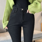 Skinny Women's Warm Jeans Winter Thicken Fleece Stretch High Waist Pencil Pants Fashion Korean Black Blue Gray Velvet Leggings RT220