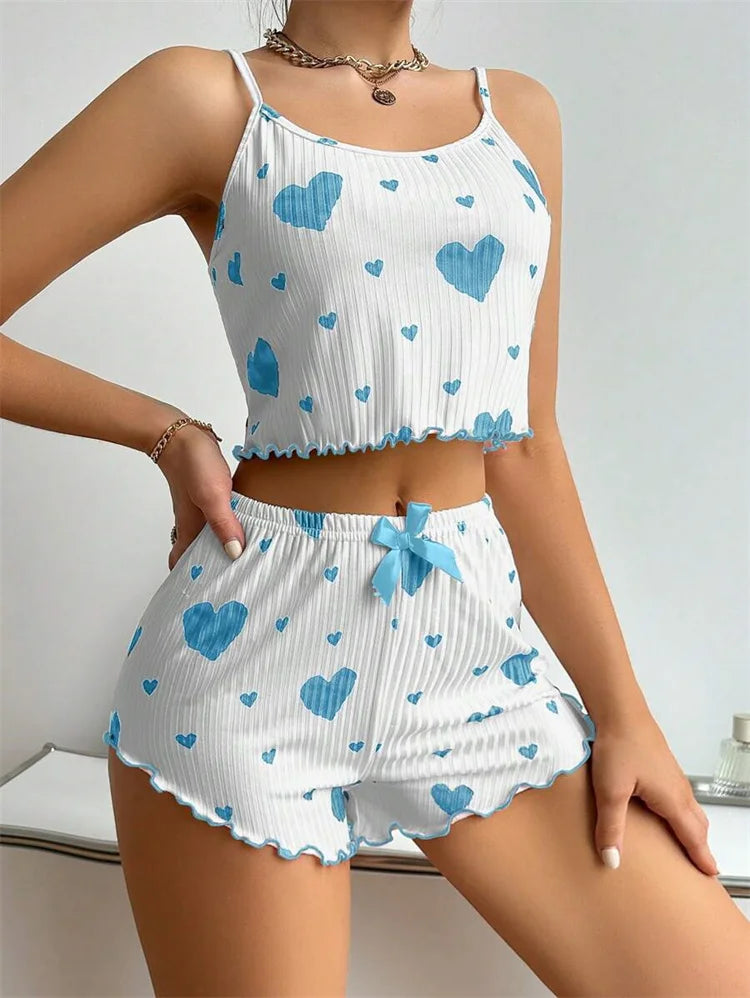 Sexy Girl Pajama Sets Love Heart Print Cami Top+Shorts Leisure Stripe Pyjamas Women Home Clothes Summer Sleeveless Sleepwear RT220