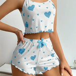 Sexy Girl Pajama Sets Love Heart Print Cami Top+Shorts Leisure Stripe Pyjamas Women Home Clothes Summer Sleeveless Sleepwear RT220