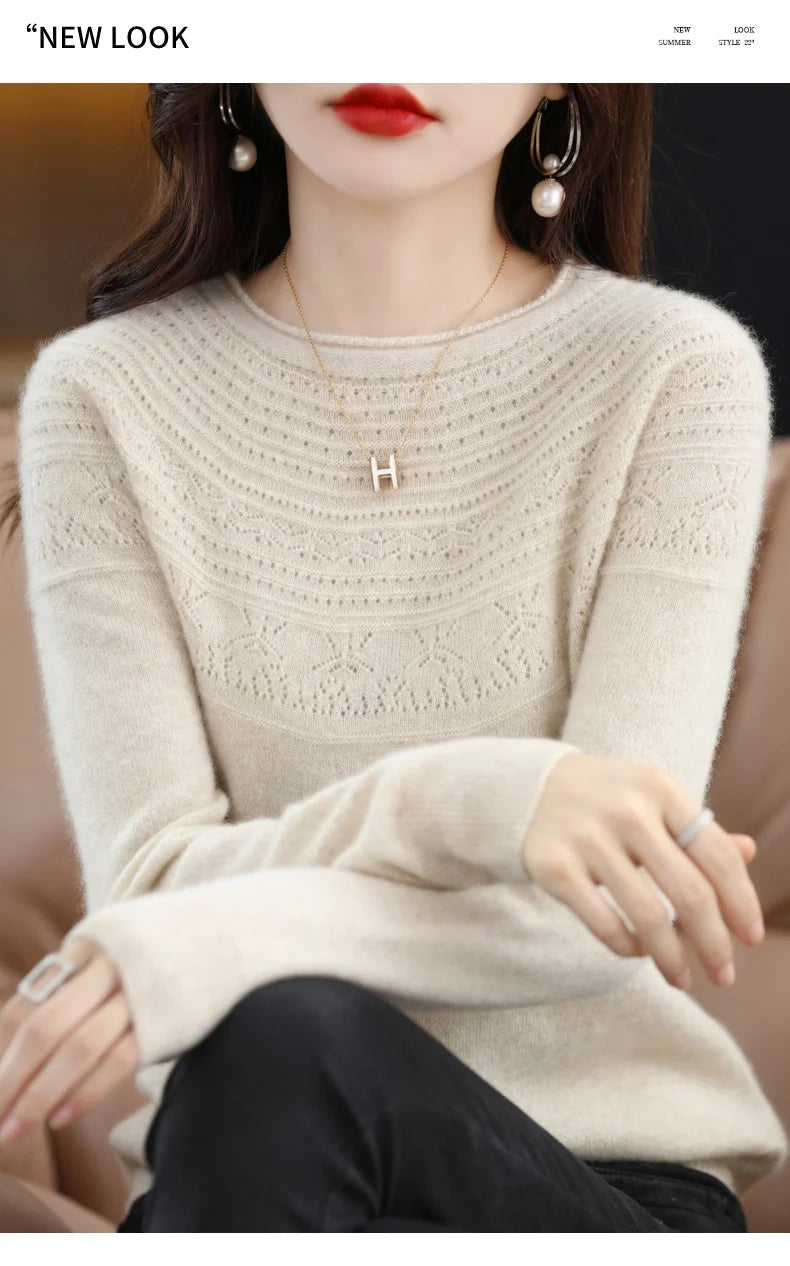 100% Merino Wool Knitted Sweater Autumn/Winter 2024 New Women's Round Neck Hollow Top 11 Color Pullover Versatile Coat NJR1107 RT220