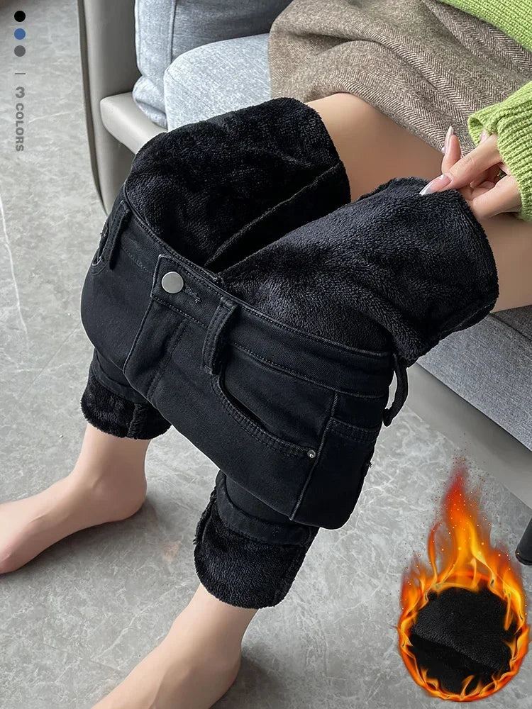 Skinny Women's Warm Jeans Winter Thicken Fleece Stretch High Waist Pencil Pants Fashion Korean Black Blue Gray Velvet Leggings RT220