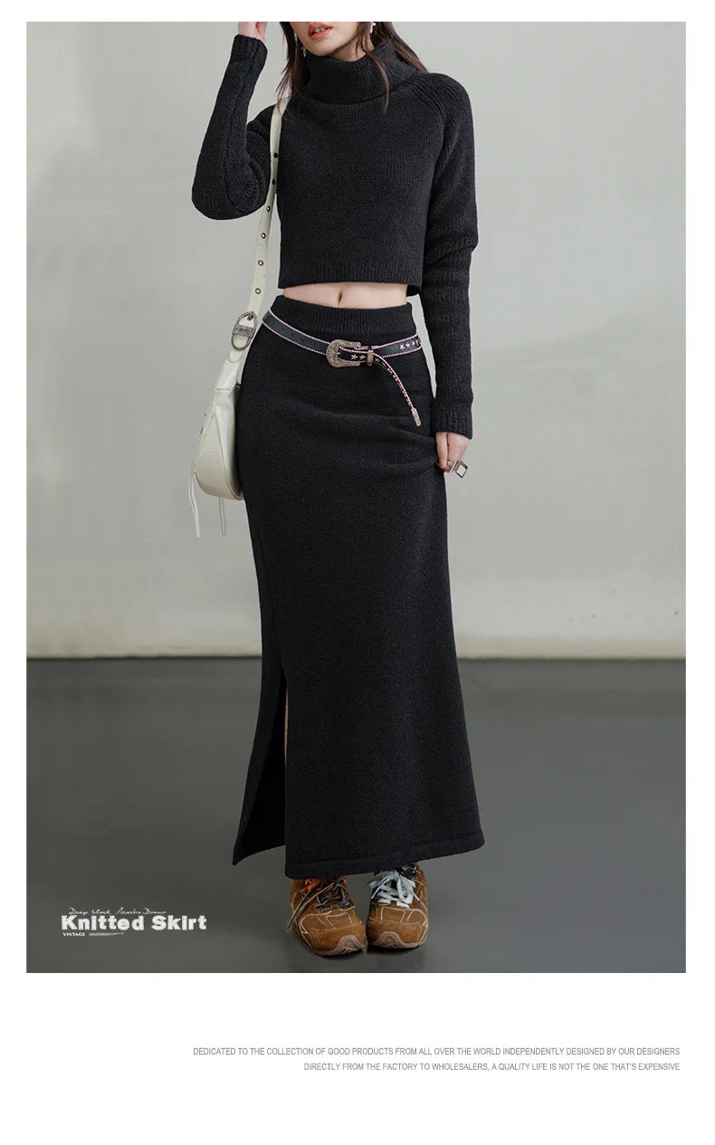 Maden Retro Knitted Skirt Solid Color Slit Fit with Single-side Slit Versatile A - line Skirt for Women's Autumn and Winter RT220
