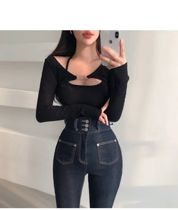 Sexy Tank Top Cropped Inner Strapless Long Sleeve Cover Up Outer Wear 2-piece Set Women's Summer Fashionable Suit RT220