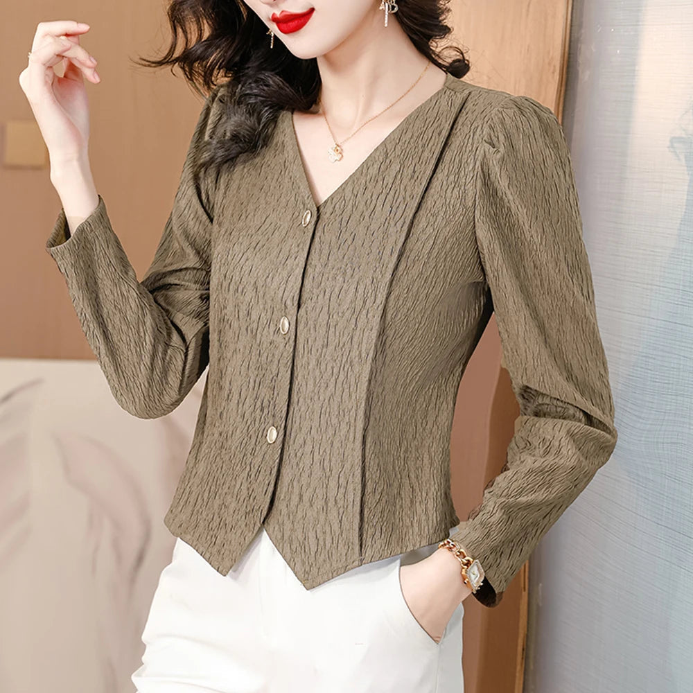 Fashion V-Neck Womens Shirts And Blouse 2025 Spring Autumn Simplicity Streetwear Tops Women Elegant Slim Casual Clothing Femme RT220