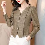 Fashion V-Neck Womens Shirts And Blouse 2025 Spring Autumn Simplicity Streetwear Tops Women Elegant Slim Casual Clothing Femme RT220