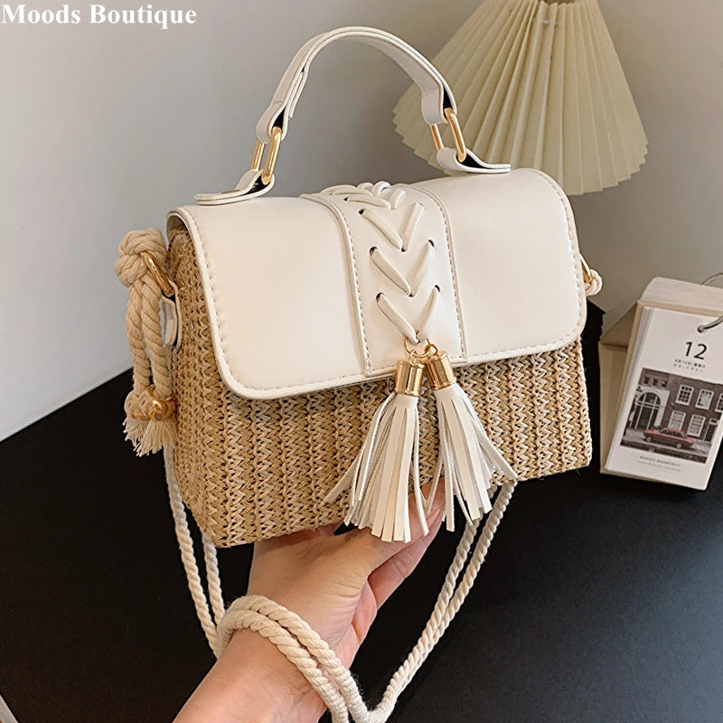 MOODS Straw Beach Bag For Women 2023 Summer New Luxury Designer Handbags Hit Color Tassels Shoulder Crossbody Box Bag Sac A Main RT220
