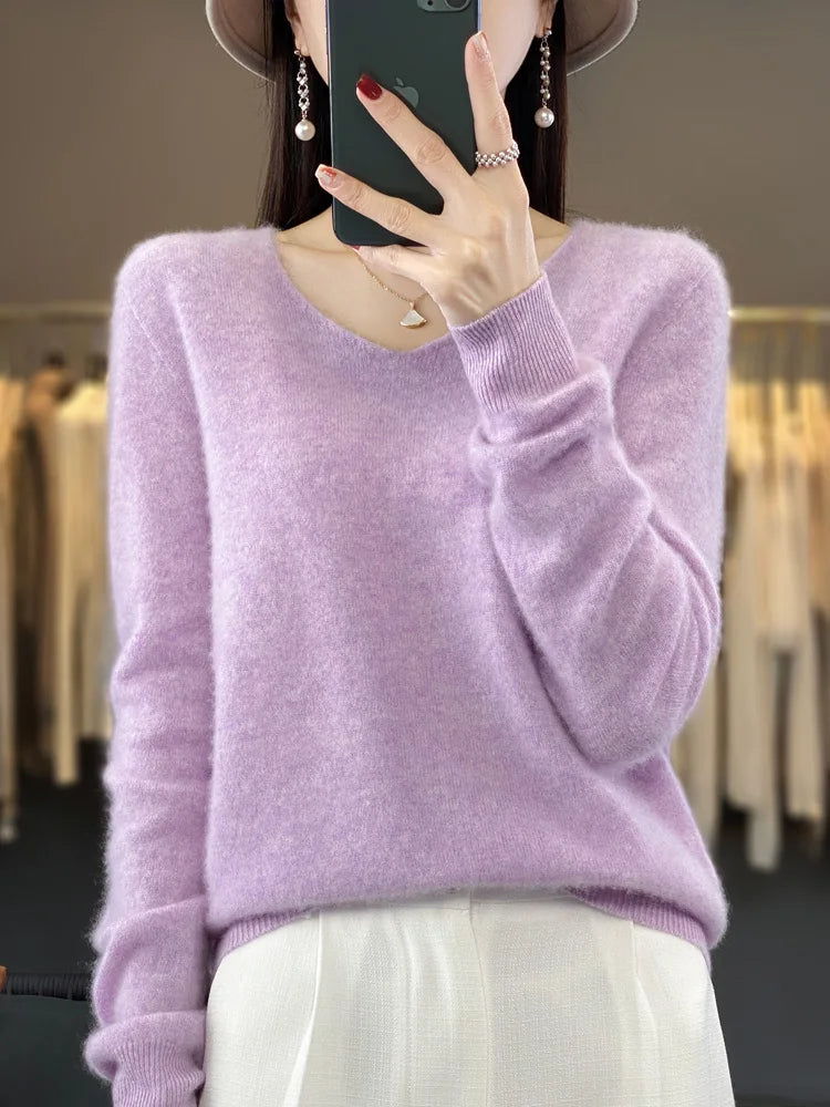 2024 New Womens Basic V-neck Pullover Sweater 100% Merino Wool Long Sleeve Cashmere Knitwear Autumn Winter Female Clothing Tops RT220
