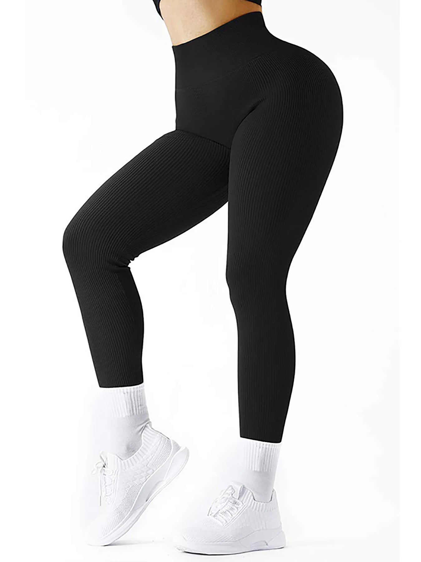 Women's Solid Color High Waist Simple Yoga Fitness Daily Ribbed Sports Cycling Leggings RT220