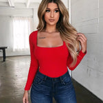 Sexy Solid Color Square Collar Elastic Slim T Shirt Women Long Sleeves Bottoming Shirt Ladies Tee Shirt Tops Camisetas Mujer RT220