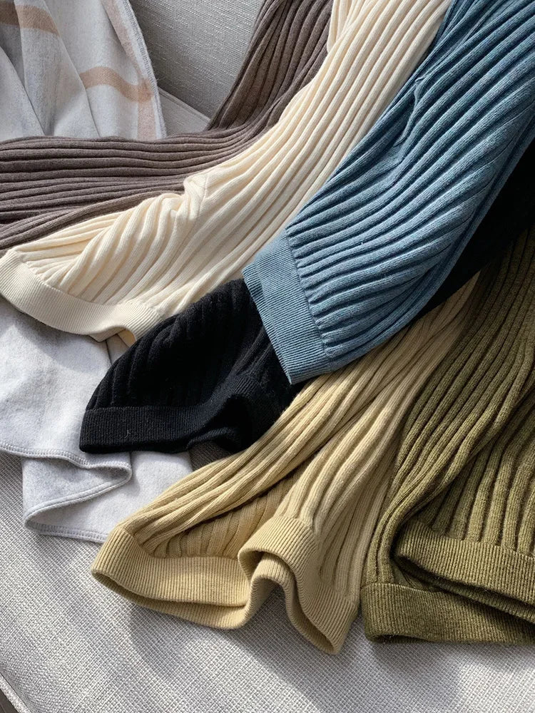 Autumn Winter Casual Thick Knitted Pant Women Long Trousers Elastic High Waist Kniting Wide Leg Pants Striped Pantalon RT220