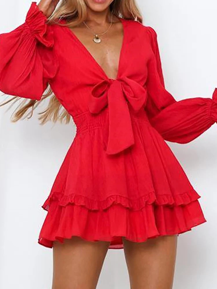 Sexy Cascading Ruffles Women Long Sleeve Mini Dress Deep V-Neck Lace-Up Casual Ladies Party Dress Sweet Streetwear Dropshipping RT220