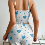 Sexy Girl Pajama Sets Love Heart Print Cami Top+Shorts Leisure Stripe Pyjamas Women Home Clothes Summer Sleeveless Sleepwear RT220