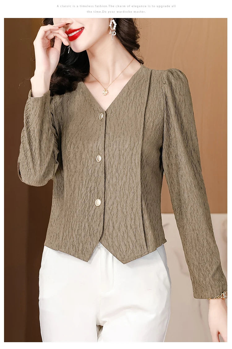 Fashion V-Neck Womens Shirts And Blouse 2025 Spring Autumn Simplicity Streetwear Tops Women Elegant Slim Casual Clothing Femme RT220