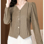 Fashion V-Neck Womens Shirts And Blouse 2025 Spring Autumn Simplicity Streetwear Tops Women Elegant Slim Casual Clothing Femme RT220