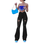 Women High Waist Black Flare Jeans Lady Bell Bottom Ripped Denim Pants Streetwear Distressed Classic Full Length Long Trouser RT220