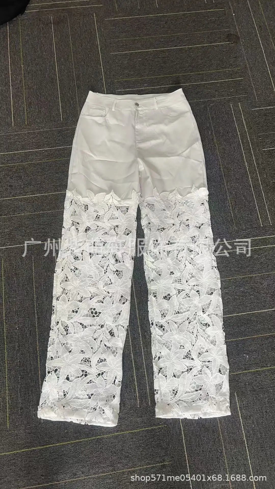 Women's Spring Summer Fashion Hollow Out Lace Splicing Denim Drape Pants Full Length Trousers RT220