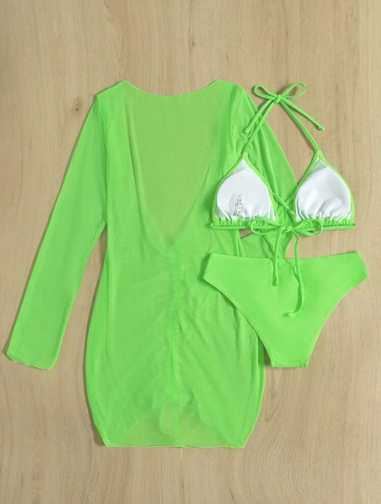 Long Sleeves Dress Bikini Set 2025 Women Neon Green Lace Up 3 Pieces Swimsuit Brazilian Bathing Suit Pleate Cover Up Swimwear RT220