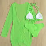 Long Sleeves Dress Bikini Set 2025 Women Neon Green Lace Up 3 Pieces Swimsuit Brazilian Bathing Suit Pleate Cover Up Swimwear RT220