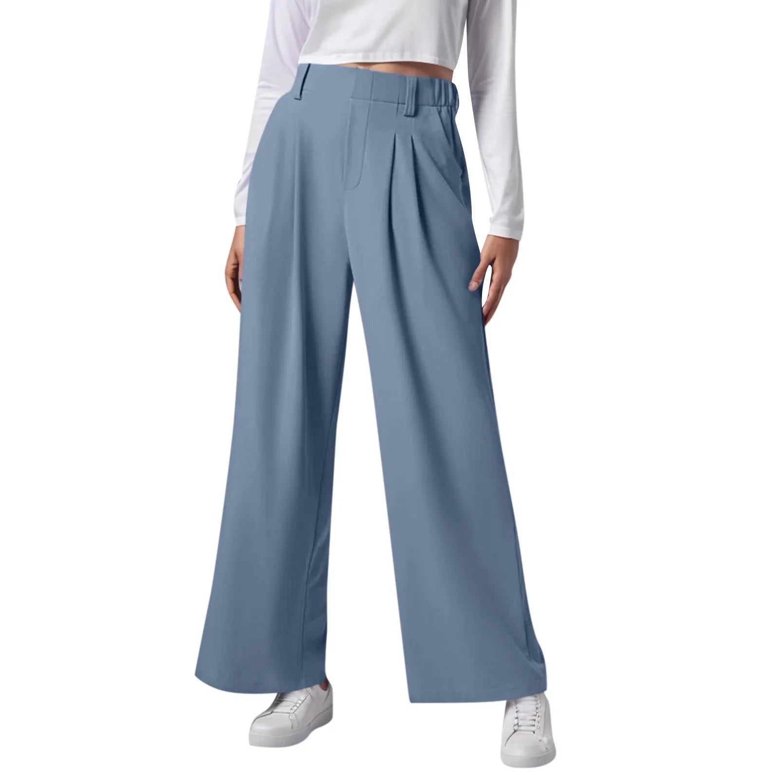2024 New Pantalones De Mujer Women's Wide Leg Pants Elastic High Waisted Knit Casual Palazzo Pants Trousers With Pockets RT220
