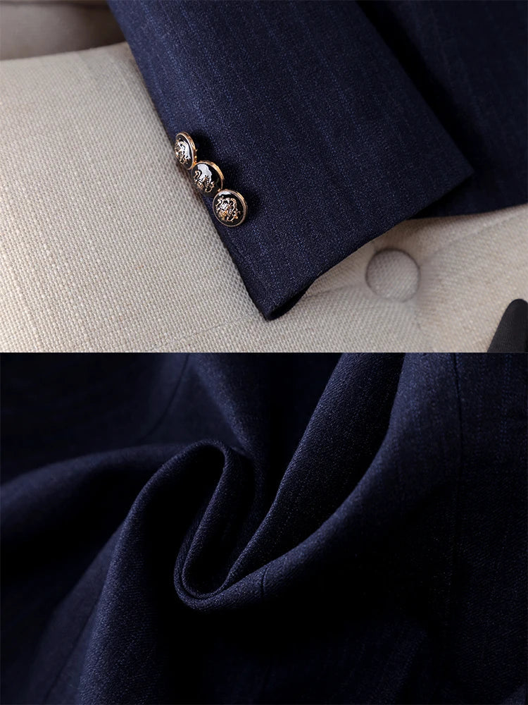 Women Pant Suit Office Ladies Female Business Work Wear 2 Piece Set Black Blue Striped Formal Blazer Jacket And Trouser RT220