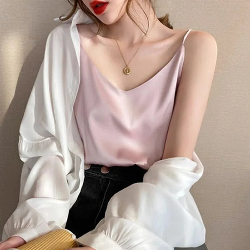 Spaghetti Strap Top Women Halter V Neck Basic White Cami Sleeveless Satin Silk Tank Tops Women Summer 2025 Camisole RT220