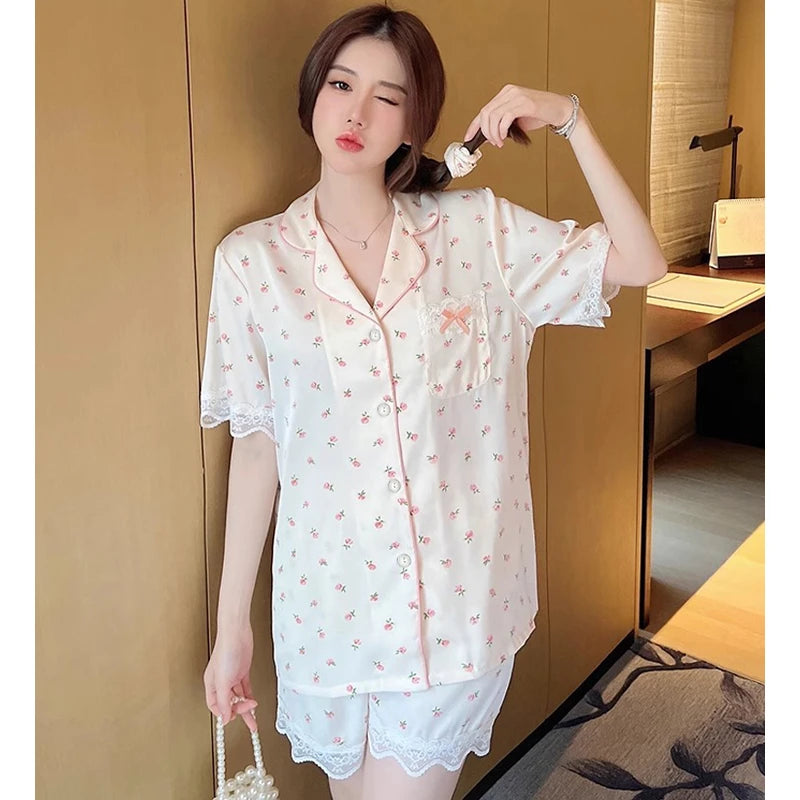 Honey Peach Print Lace Korean Ins Style Pajamas Women Y2k Three-piece Set Classy Sweet Cute Lady Lounge 2024 New Spring Homewear RT220