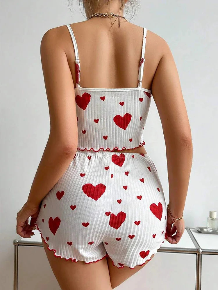 Sexy Girl Pajama Sets Love Heart Print Cami Top+Shorts Leisure Stripe Pyjamas Women Home Clothes Summer Sleeveless Sleepwear RT220