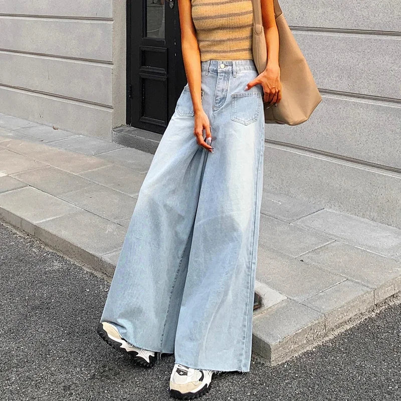 Woman High Waist High Street Wide Leg Jeans Female Loose Designer Pants Girls Fashion Y2k Blue Light Blue Gothic Denim Trousers RT220