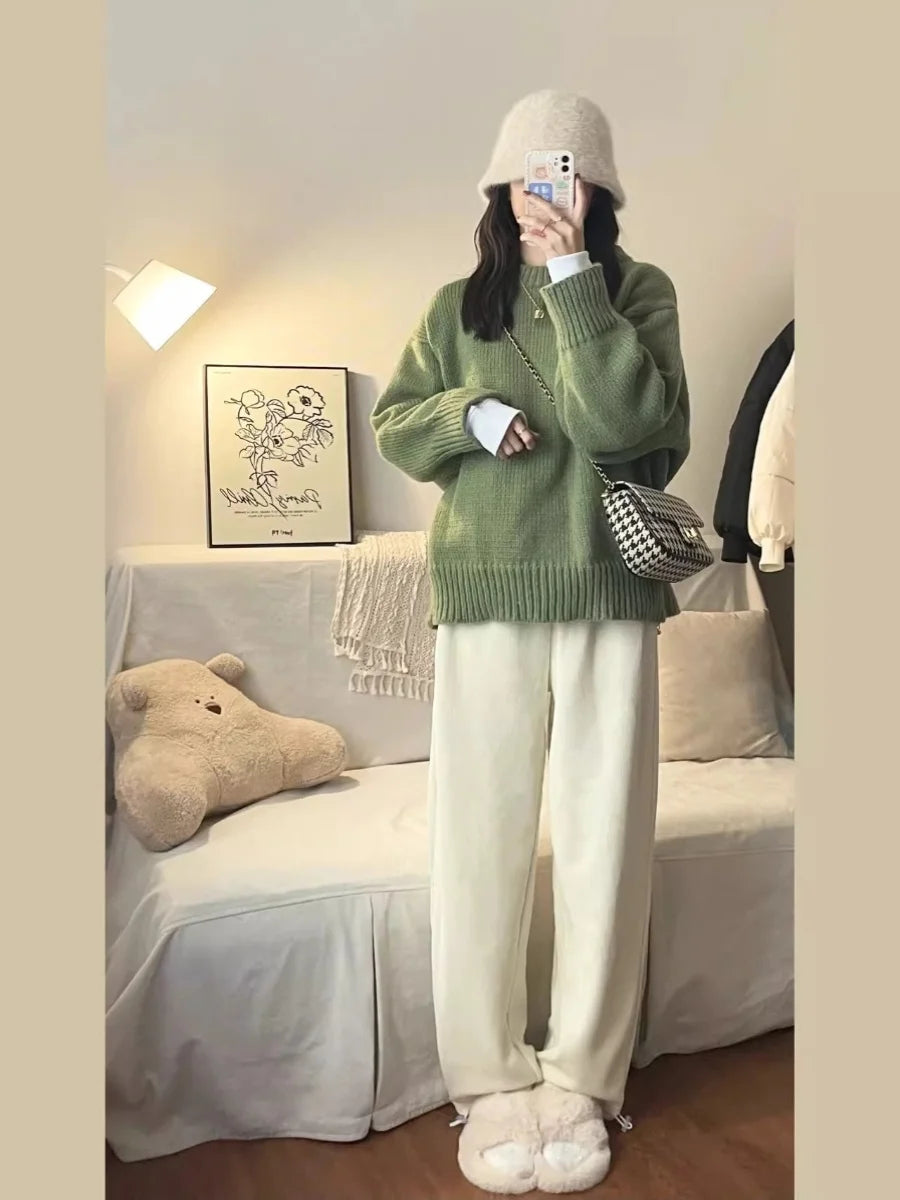 New O-Neck Loose Green Pullover Sweater For Women Autumn Winter Thick Retro Japanese Lazy Style Interior Bottom Knitted Top RT220