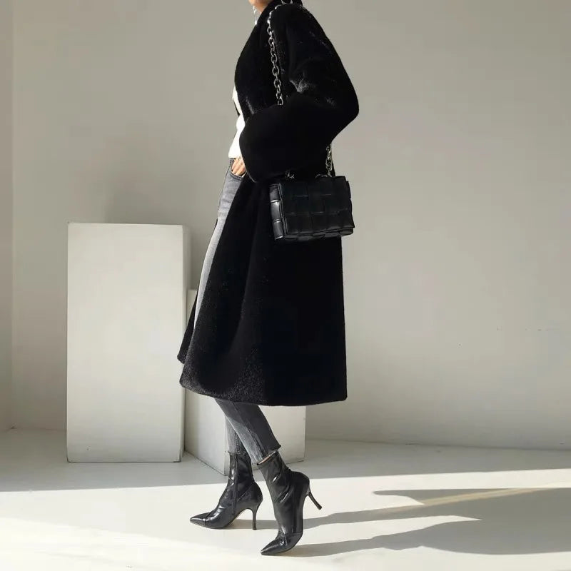 Coats Women Faux Fur Stand Collar Mid Length Long Coat Thick Maxi Warm Thick Open Stitch Elegant Autumn Winter Black Jackets RT220