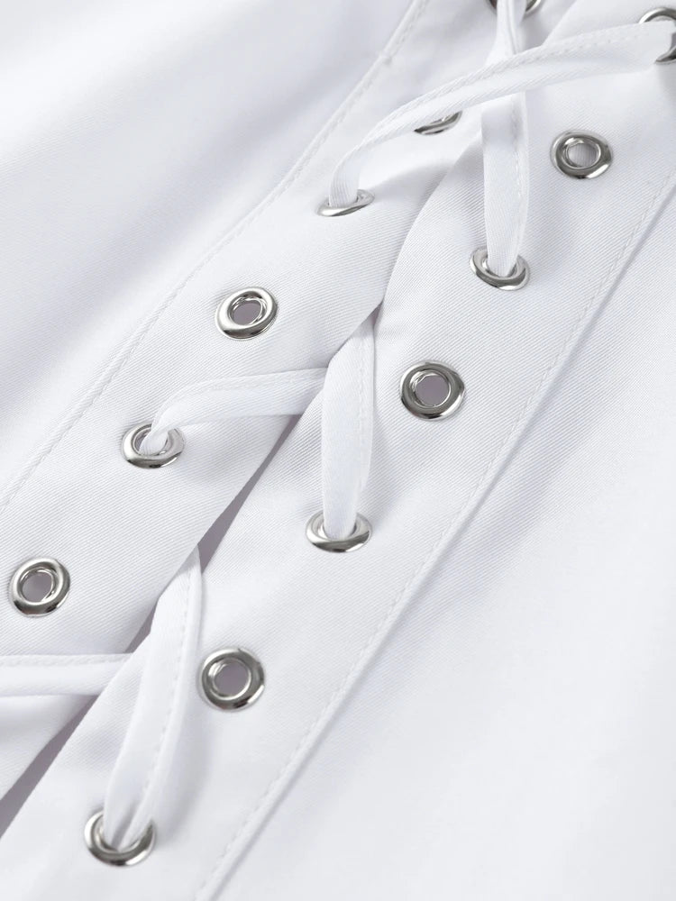 Fashion White Lapel Oversize Long Sleeve Shirts 2025 Spring New Weave Drawstring Blouse Lady Holiday Beach Street Chic Loose Top RT220