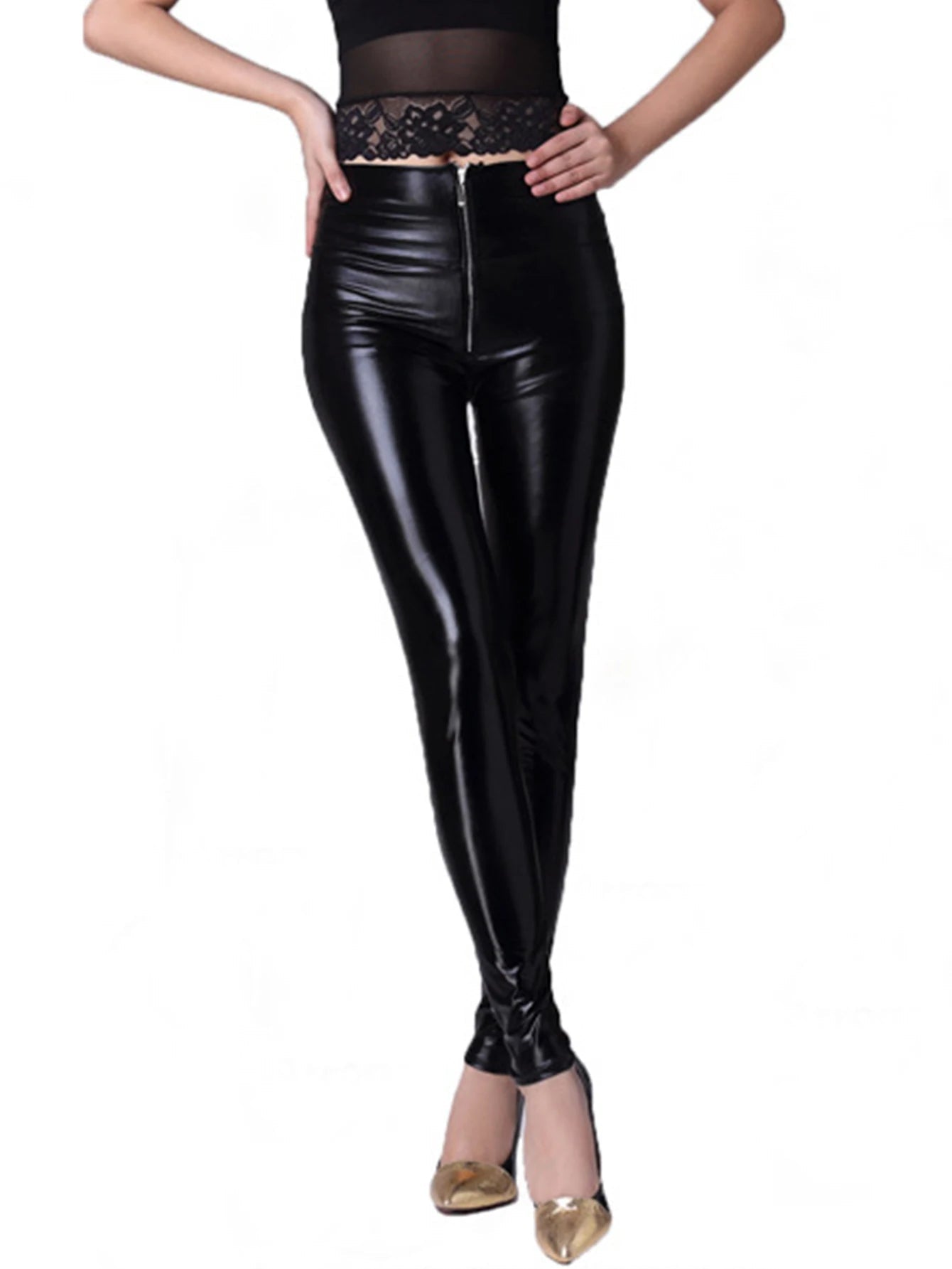 New Fashion PU Imitation Leather Sexy Leggings Female Tight Wear Black Small Feet High Waist Slim Zipper Pencil Pants Female RT220