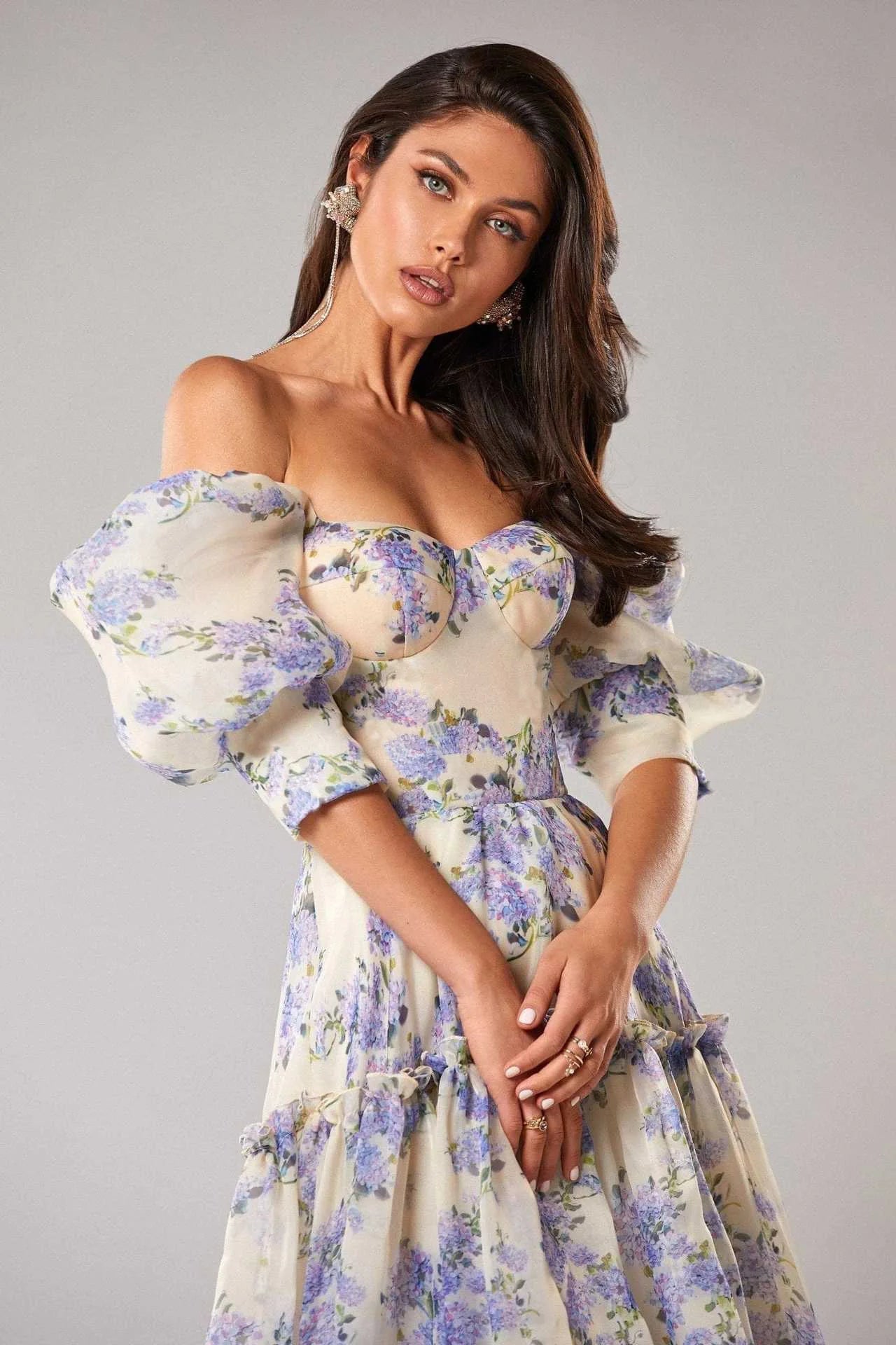Elegant Floral Print Evening Party Dresses Women Charming A-line Off Shoulder Boat Neck Loose Short Sleeve Prom Gowns Robe Dress RT220