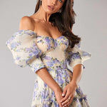 Elegant Floral Print Evening Party Dresses Women Charming A-line Off Shoulder Boat Neck Loose Short Sleeve Prom Gowns Robe Dress RT220