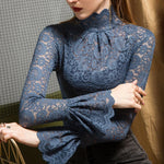 Women Paisley Flower Lace Shirt S-2XL Stretch Turtleneck Bell Sleeve Blouse Tops Pink Blue Coffee Green Fashion Ladies Blouses RT220