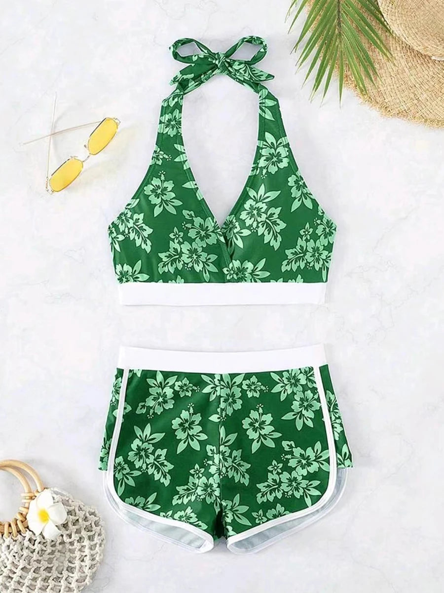 2025 Halter Sporty Bikinis Printed Swimsuit Women High Waist Shorts Swimwear Female Bathers Bathing Swimming Swim Suit Beachwear RT220