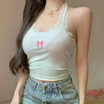 2025 Y2k Halter Top Crop Top Women's Lace Embroidery Butterfly Graphics Tank Top Ladies Sexy Vest Female Coquette Summer Clothes RT220