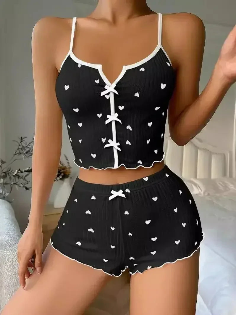 Sleepwear Women Pajamas Set Heart Print Soft Ribbed Fabric with Flirty Frill Trim Casual Cami Top and Shorts Sets Loungewear RT220